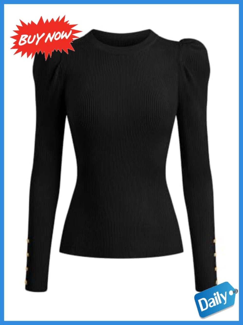 Ribbed Knit Puff Sleeve Crew Neck Pullover Sweater Lightweight